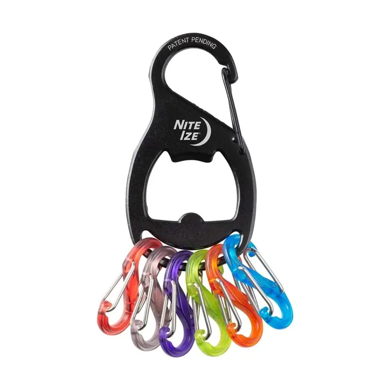 1 keyrack + s-biner moschettone collegato a 6 microlock in plastica nero Koop Online