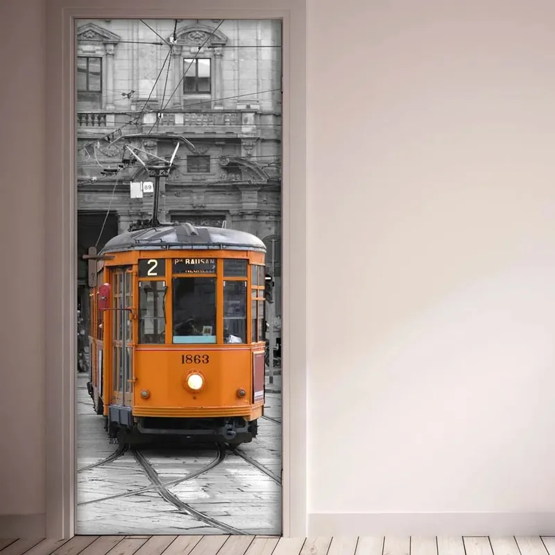 Decorazione Autoadesiva per porta Milan Tram 210x83 cm Premium