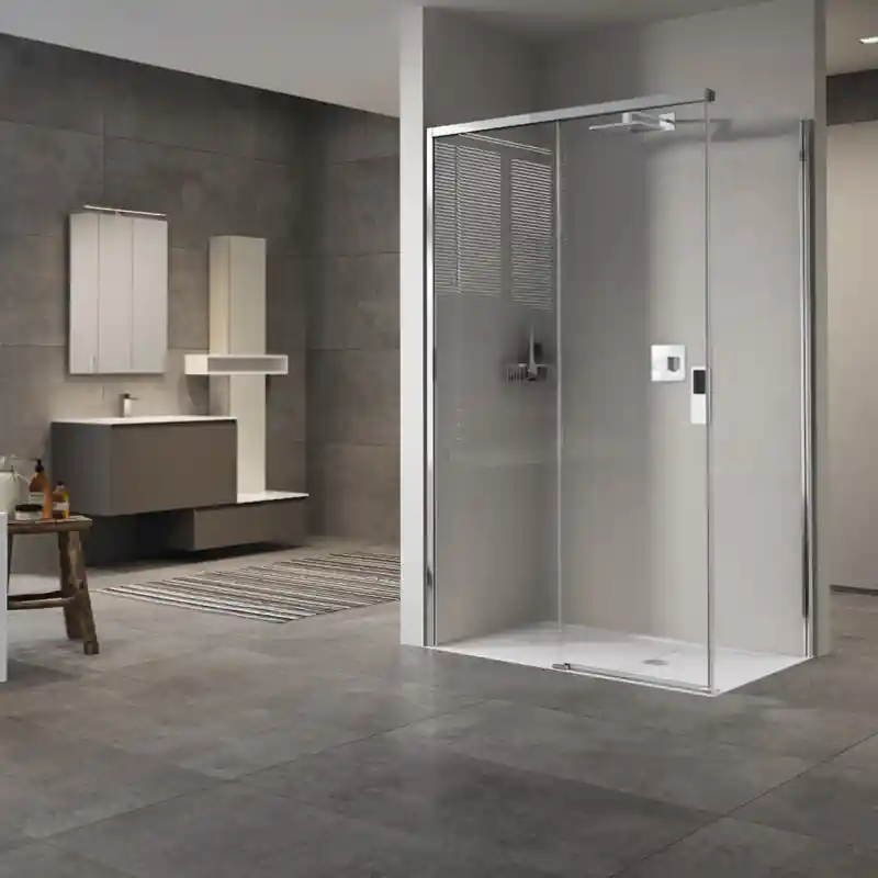 Exclusieve Aanbieding OPERA PH+FH ANGOLO 1 ANTA SCORREVOLE + 1 LATO FISSO MONTANTE CROMO LUCIDO CRISTALLO TRASPARENTE